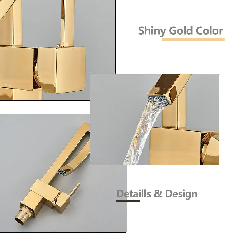 Shiny Gold Bathroom Basin Faucet Cold Hot Rotation Mixer Crane Tap Black Nickel Chrome Brass Waterfall Sink Mixers