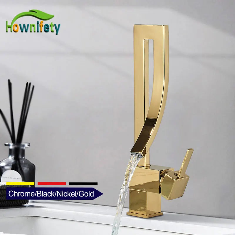 Shiny Gold Bathroom Basin Faucet Cold Hot Rotation Mixer Crane Tap Black Nickel Chrome Brass Waterfall Sink Mixers