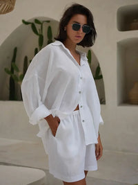 Bornladies Casual Shorts Sets 100% Cotton 2 Pieces Cozy Lapel Lantern Sleeve Shirt Summer Outfit Elastic Waist Shorts Suits